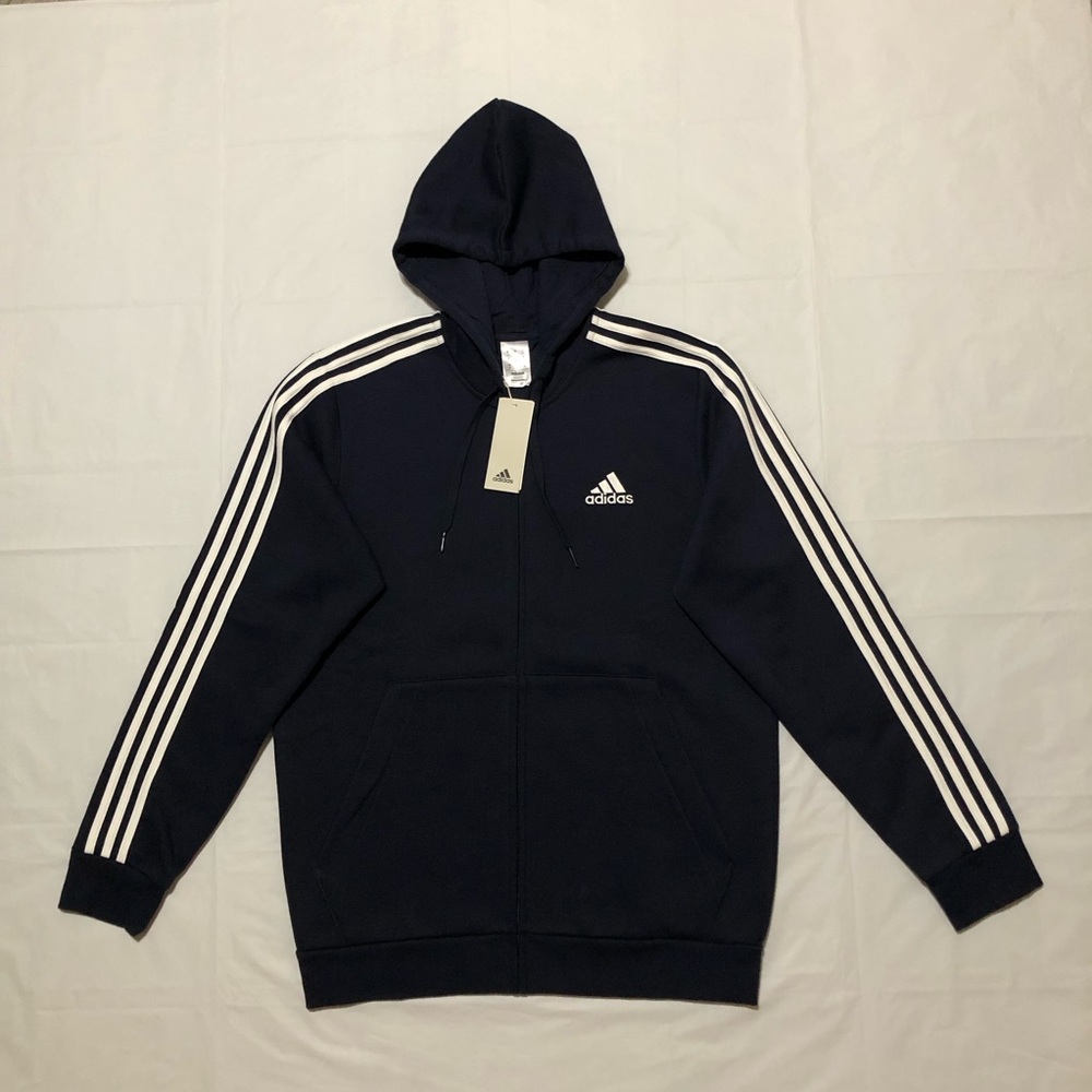 NWT Adidas Men’s Long Sleeve Essentials Fleece 3-Stripes Full-Zip Blue Hoodie L